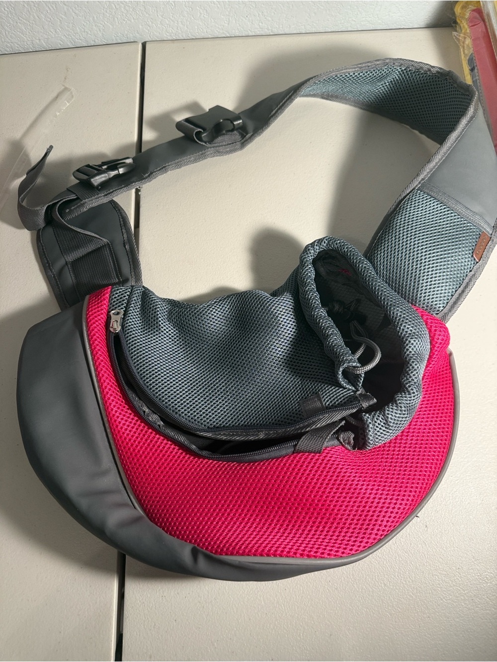 Hands-Free Pink & Gray Pet Sling Carrier with Breathable Mesh